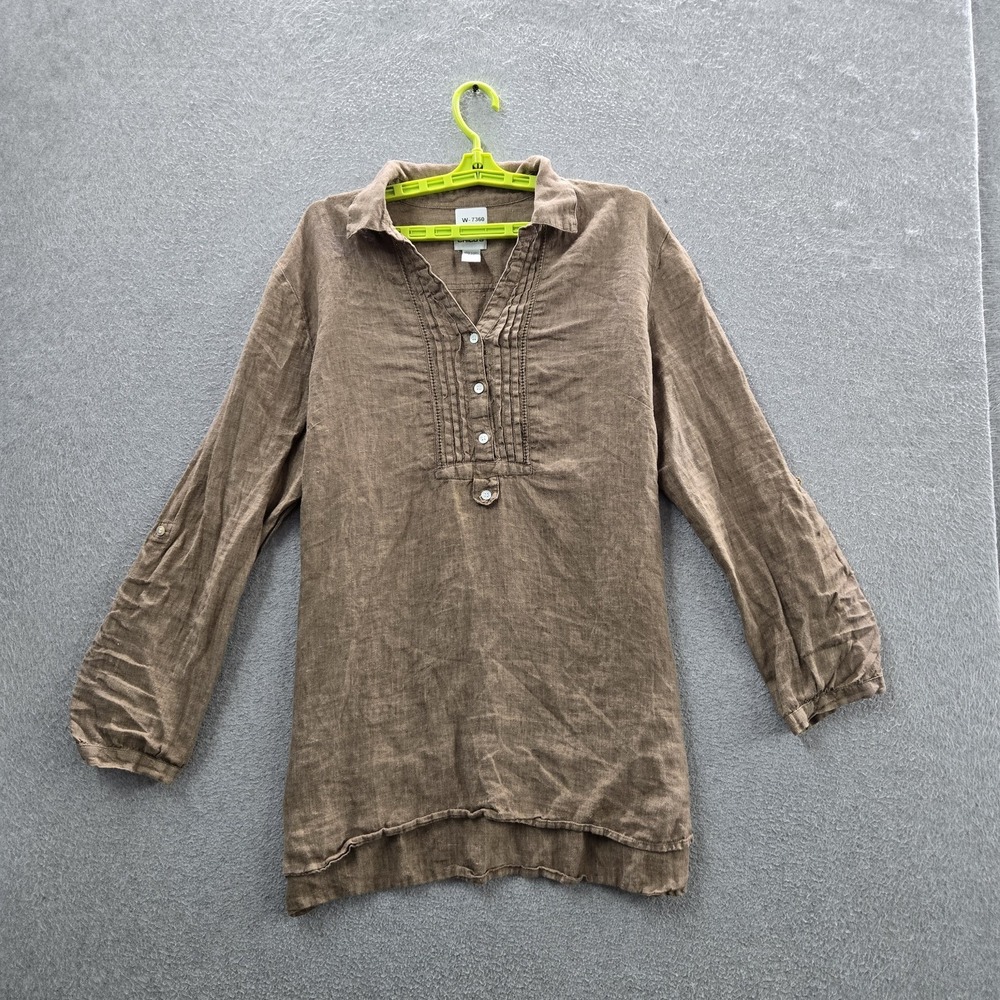 Chico's‎ Women Blouse 3 Brown Linen Popover V-Neck Long Sleeve Tunic Coastal